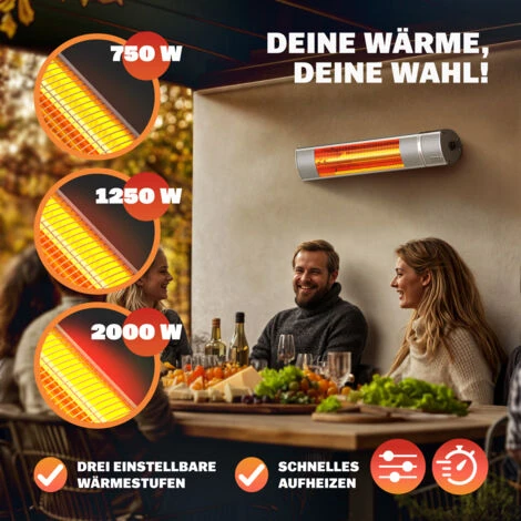 Monzana Stufa Elettrica A Infrarossi 3 Livelli Di Calore 2000W Inclinabile Di 90° Telecomando IP55 Argento - immagine 3