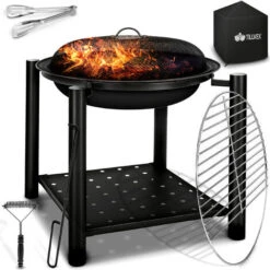 Tillvex Braciere Con Parascintille E Griglia Ø 55 Cm Braciere Esterno Per Il Giardino 3 In 1 BBQ Grill Con Coperchio, Attizzatoio, Pinze E Griglia A Carbone