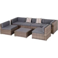 Outsunny Salotto Da Giardino In Rattan Da 7 Pezzi Con Tavolino E Divano Modulabile Con Cuscini, Grigio