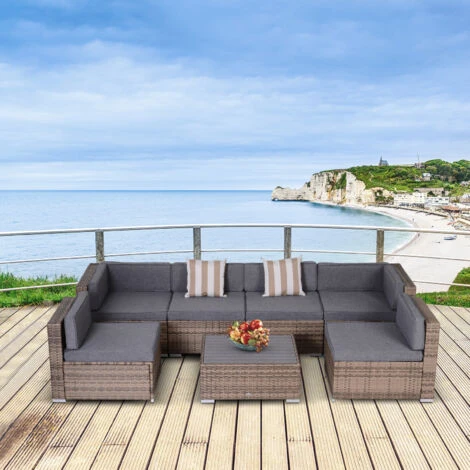 Outsunny Salotto Da Giardino In Rattan Da 7 Pezzi Con Tavolino E Divano Modulabile Con Cuscini, Grigio - immagine 2