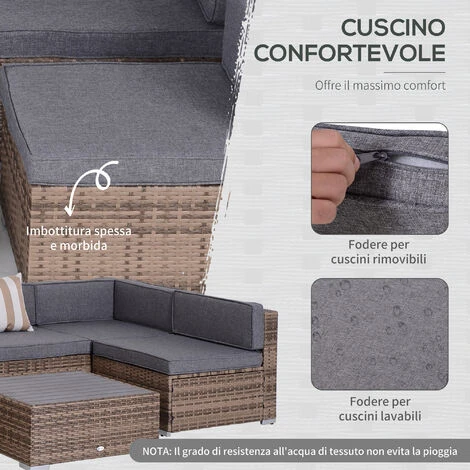Outsunny Salotto Da Giardino In Rattan Da 7 Pezzi Con Tavolino E Divano Modulabile Con Cuscini, Grigio - immagine 5