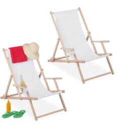Relaxdays Set Da 2 Sedie Sdraio Pieghevoli, Legno E Tessuto, 3 Posizioni, Foro Per Bevande, Marrone Chiaro E Bianco