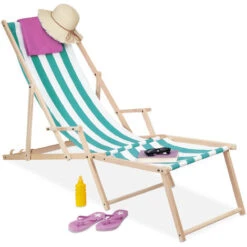 Relaxdays Sdraio Pieghevole Regolabile, 3 Posizioni, Braccioli, Legno Di Faggio E Tessuto, Marrone Chiaro, Bianco/Blu