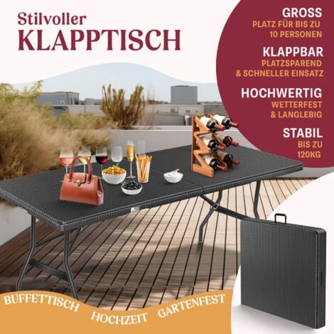 KESSER® Tavolo Da Buffet Tavolo Pieghevole In Plastica, 180x75 Cm Di Rattan Tavolo Da Campeggio Tavolo Per Feste Tavolo Pieghevole Tavolo Da Giardino Per Giardino, Terrazza E Balcone, Pieghevole Per - immagine 2