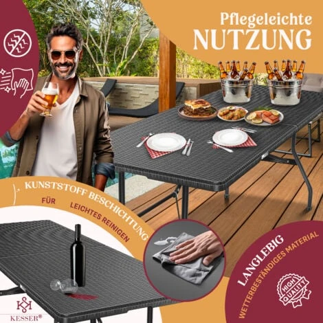 KESSER® Tavolo Da Buffet Tavolo Pieghevole In Plastica, 180x75 Cm Di Rattan Tavolo Da Campeggio Tavolo Per Feste Tavolo Pieghevole Tavolo Da Giardino Per Giardino, Terrazza E Balcone, Pieghevole Per - immagine 3