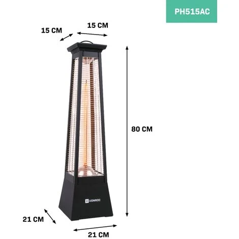 VONROC Stufa - Colonna Riscaldante A Infrarossi 1500W. Rilascio Di Calore A 360° Gradi. Con Protezione IP44, Surriscaldamento E Antiribaltamento. Modello Alicudi. Nero Opaco - immagine 2