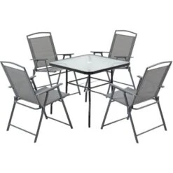 Outsunny Set Tavolo Con 4 Sedie Da Giardino Pieghevoli E Foro Per Ombrellone, Nero