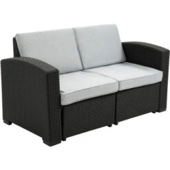 Outsunny Divano Da Esterno A 2 Posti Da In PP Plastica Ad Effetto Rattan, Divano Da Giardino Con Cuscini Rimovibili E Lavabili, Grigio E Nero