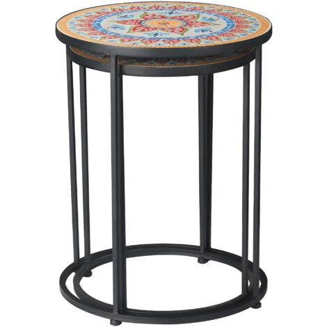 Outsunny Set Da Giardino 2 Tavoli Da Giardino In Metallo E Ceramica Con Piano A Mosaico, Ф41x53cm E Ф36x49.5cm