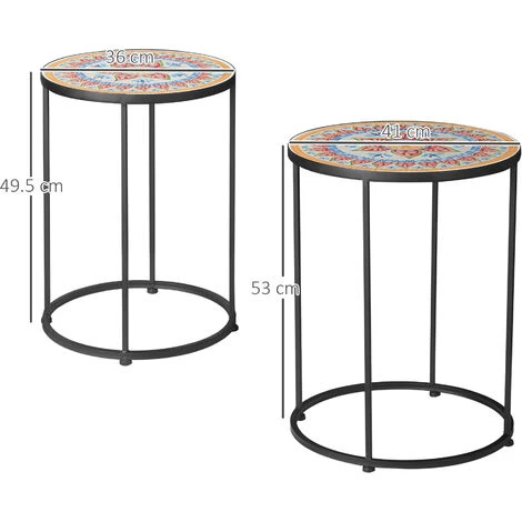 Outsunny Set Da Giardino 2 Tavoli Da Giardino In Metallo E Ceramica Con Piano A Mosaico, Ф41x53cm E Ф36x49.5cm - immagine 3