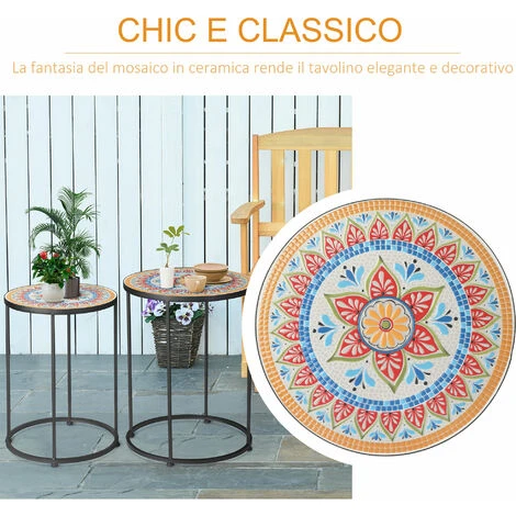 Outsunny Set Da Giardino 2 Tavoli Da Giardino In Metallo E Ceramica Con Piano A Mosaico, Ф41x53cm E Ф36x49.5cm - immagine 4