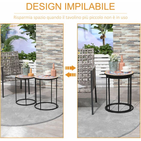 Outsunny Set Da Giardino 2 Tavoli Da Giardino In Metallo E Ceramica Con Piano A Mosaico, Ф41x53cm E Ф36x49.5cm - immagine 5