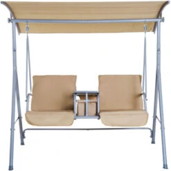 Outsunny Dondolo Da Giardino 2 Posti Separati Con Tavolino E Tetto Regolabile, In Metallo 175x112x165cm Beige