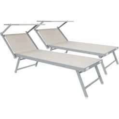 Coppia Di Lettini Beige Prendisole Pieghevole Professionale In Alluminio Tettuccio Orientabile Tettino Parasole Sdraio Lettino Prendi Sole Mare Spiaggia Piscina Giardino 182 X 60 X 38 Cm