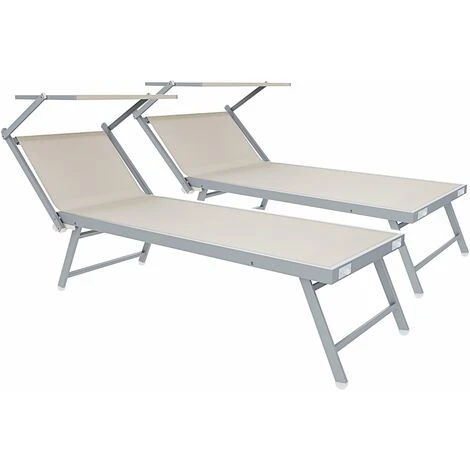Coppia Di Lettini Beige Prendisole Pieghevole Professionale In Alluminio Tettuccio Orientabile Tettino Parasole Sdraio Lettino Prendi Sole Mare Spiaggia Piscina Giardino 182 X 60 X 38 Cm