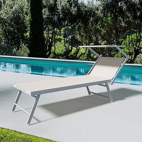 Coppia Di Lettini Beige Prendisole Pieghevole Professionale In Alluminio Tettuccio Orientabile Tettino Parasole Sdraio Lettino Prendi Sole Mare Spiaggia Piscina Giardino 182 X 60 X 38 Cm - immagine 2