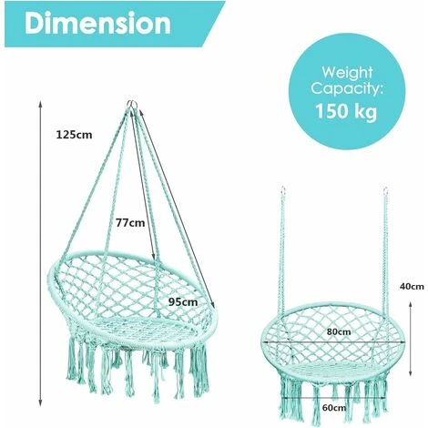 GIANTEX Altalena In Rete, Sedia Sospesa, Poltrona Appesa, Altalena In Corda Intrecciata, Per Interno E Esterno, Capacità Fino A 150 Kg,verde Chiaro - immagine 5