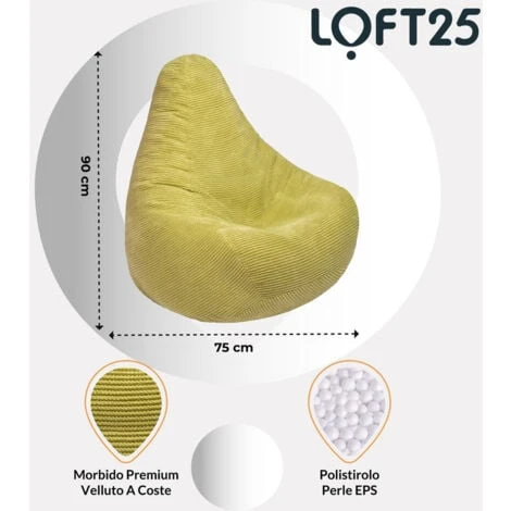 Loft 25 Poltrona A Sacco Per Adulti In Velluto A Coste Con Schienale Alto, Pouf Da Gioco Per Interni, Soggiorno, Lime - immagine 2