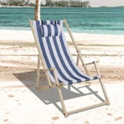 Randaco Sedia A Sdraio Pieghevole In Legno Sedia Da Giardino Pieghevole Pieghevole In Legno Blu Bianco Con Corrimano