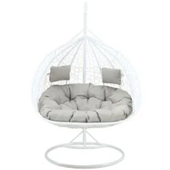 Poltrona Sospesa 2 Posti In Resina Intrecciata Bianco Con Cuscini Grigi - CAYAMBE