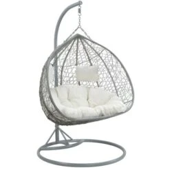 Poltrona Sospesa 2 Posti In Resina Intrecciata Grigio Con Cuscino Bianco - CAYAMBE