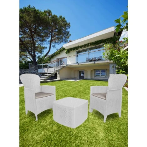 Dmora Set Salotto Da Esterno Napoli, Set Da Giardino Con 2 Poltrone Ed 1 Tavolino Contenitore, Salottino Effetto Rattan, 100% Made In Italy, Bianco - immagine 2