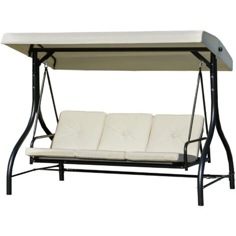 Outsunny Dondolo Letto Da Giardino 3 Posti Con Tettuccio Regolabile, Metallo E Poliestere, Beige