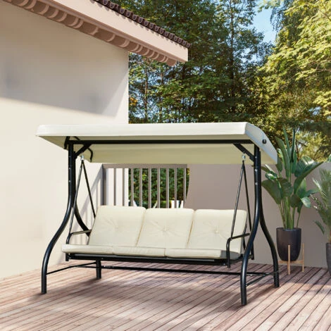 Outsunny Dondolo Letto Da Giardino 3 Posti Con Tettuccio Regolabile, Metallo E Poliestere, Beige - immagine 2