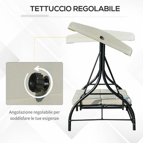Outsunny Dondolo Letto Da Giardino 3 Posti Con Tettuccio Regolabile, Metallo E Poliestere, Beige - immagine 4