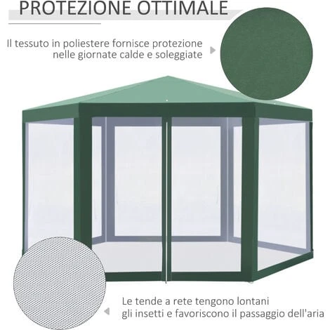 Outsunny Gazebo Esagonale Con Zanzariere In Ferro E Poliestere, Verde - immagine 4
