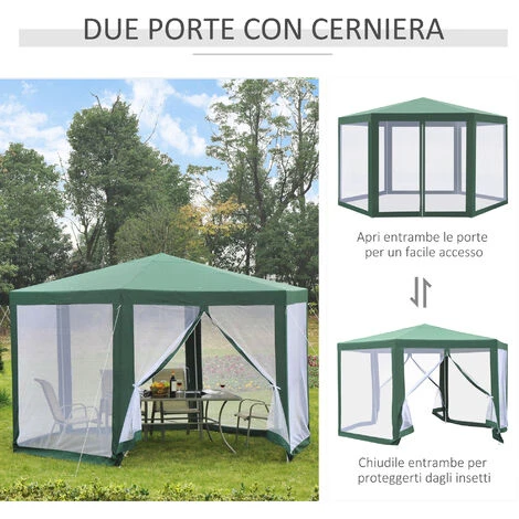 Outsunny Gazebo Esagonale Con Zanzariere In Ferro E Poliestere, Verde - immagine 5