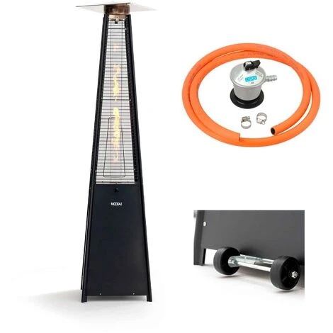 Stufa A Gas Per Terrazza Uso Esterno Design Piramidale E Ruote 13kW Kekai Basil 52x52x227 Cm Regolatore E Tubo Color Nero - immagine 3