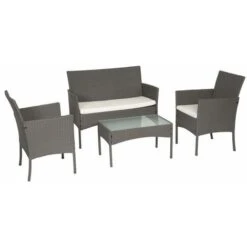 Mobili Da Giardino In Resina Intrecciata Grigia CORDOUE 4 Posti - Cuscini Crema