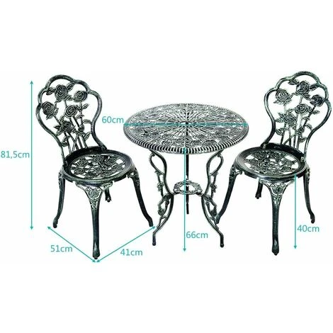 RELAX4LIFE Set Di Tavolo E 2 Sedie Da Giardino, Mobili In Fusione Di Alluminio E Ghisa Antiruggine, Stile Rococò Con Rose E Decorazioni Squisite, Tavolo E Sedie Da Esterno, Verde Scuro - immagine 2