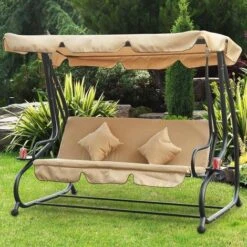Dondolo Letto Da Giardino 3 Posti Tetto Reclinabile Cuscini Beige 235x126x170 Cm