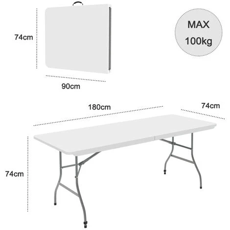 Tavolo Portatile Pieghevole, Tavolo Trasportabile, 180 X 74 Cm, Bianco, Pieghevole A Metà , Materiale: HDPE - immagine 3