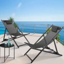 Set Di 2 Lettini Pieghevoli In Acciaio E Textilene, Grigio Antracite LOTA