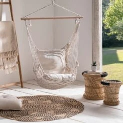 Poltrona Sospesa Bohémien Con 2 Cuscini, Design Macramé Ecru