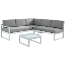 Salotto Da Giardino In Alluminio Grigio PALAOS II: Tavolino E Divano Angolare Sollevabile 6 Posti