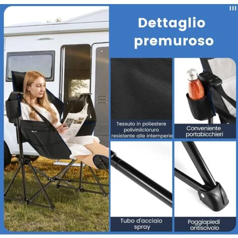 GOPLUS Sedia A Dondolo Da Esterno, Con Poggiapiedi Retrattile, Poggiatesta, Porta Bicchieri E Borsa Da Trasporto, Design Pieghevole Portatile Per Campeggio (Nero) - immagine 2