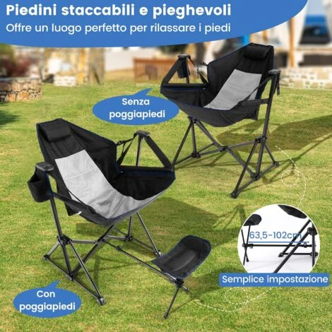 GOPLUS Sedia A Dondolo Da Esterno, Con Poggiapiedi Retrattile, Poggiatesta, Porta Bicchieri E Borsa Da Trasporto, Design Pieghevole Portatile Per Campeggio (Nero) - immagine 3