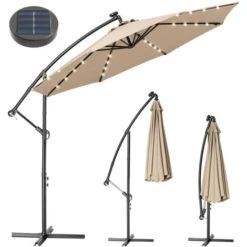 Ombrellone Giardino 3mt Con Luce LED Solare Palo Decentrato Con Carrucola Ecru