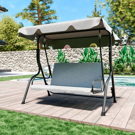 Dondolo 3 Posti Algarve Con Tettuccio Parasole Regolabile Cuscini Imbottiti Struttura Robusta In Acciaio Verniciato Da Giardino Esterno Balcone Terrazzo 170 X 110 X 153 Cm (Grigio) - immagine 2