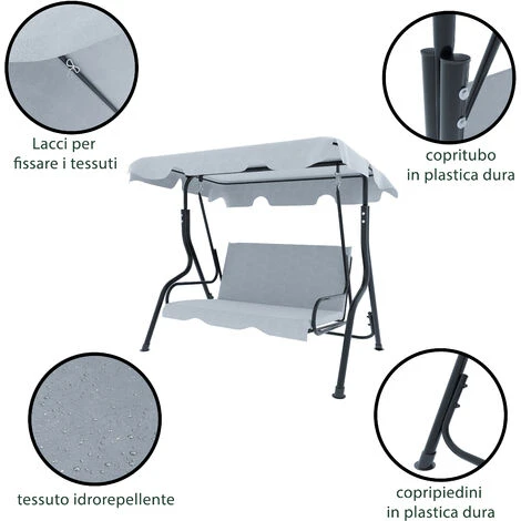 Dondolo 3 Posti Algarve Con Tettuccio Parasole Regolabile Cuscini Imbottiti Struttura Robusta In Acciaio Verniciato Da Giardino Esterno Balcone Terrazzo 170 X 110 X 153 Cm (Grigio) - immagine 3