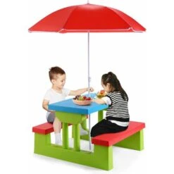 Giantex Tavolo Da Picnic, Set Di Tavolo E Sedie Per Bambini Con Parasole Pieghevole Per Giardino/Terezzo/Parco, Bambini Più Di 3 Anni (Verde + Rosso + Blu)