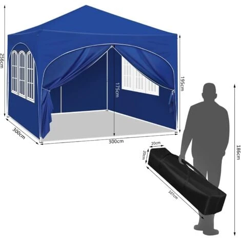 WOLTU Gazebo Pieghevole Da Giardino. Gazebo Impermeabile Pop Up Da 3x3m Con Pannelli Laterali. Tendone Da Esterno. Altezza Regolabile. Protezione UV. Con Custodia.Blu - immagine 3
