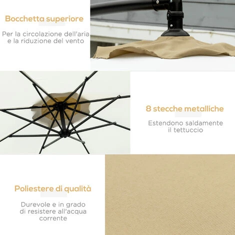 Outsunny Ombrellone Da Giardino A Braccio In Acciaio E Poliestere Con Base A Croce E Presa D'Aria, Ø295x194 Cm - immagine 5