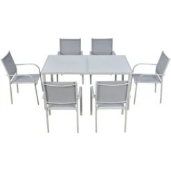 Outsunny Set Da Giardino Con Tavolo In Vetro Temperato E 6 Sedie Con Tessuto A Rete, Grigio
