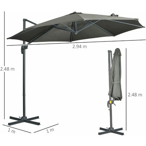 Outsunny Ombrellone Da Giardino Decentrato Con Angolazione Regolabile E Girevole A 360°, Ø294x248cm Grigio - immagine 3
