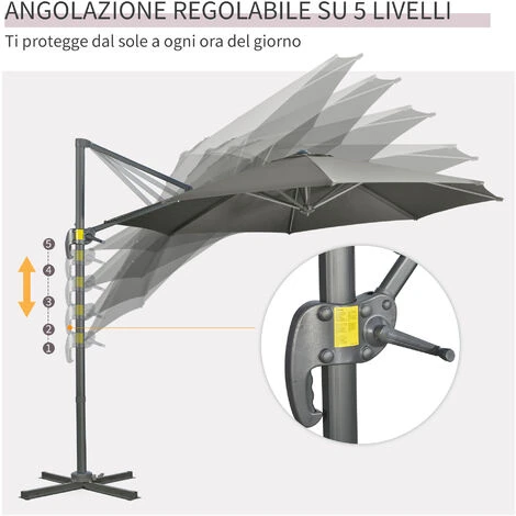 Outsunny Ombrellone Da Giardino Decentrato Con Angolazione Regolabile E Girevole A 360°, Ø294x248cm Grigio - immagine 5